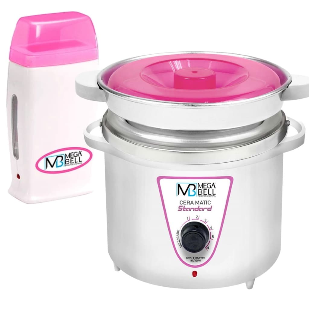 Kit Panela Depilação Termocera 900g Com Refil Branca Com Rosa + Aquecedor de Cera Roll-on Rosa