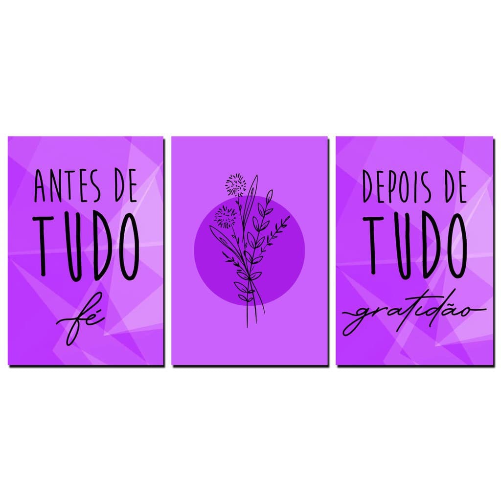 kit 3 Peças Quadros Decorativos Frase Antes de Tudo Fé Roxo Delicado Flor Minimalista Conceitual