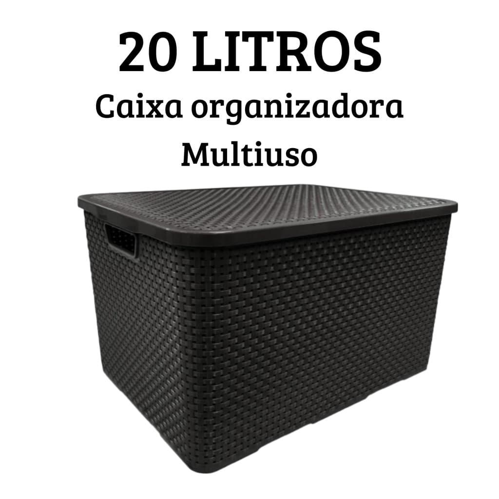 Caixa Organizadora Cesto Multiuso Rattan 20 Litros Com Tampa Preto Empilhavel