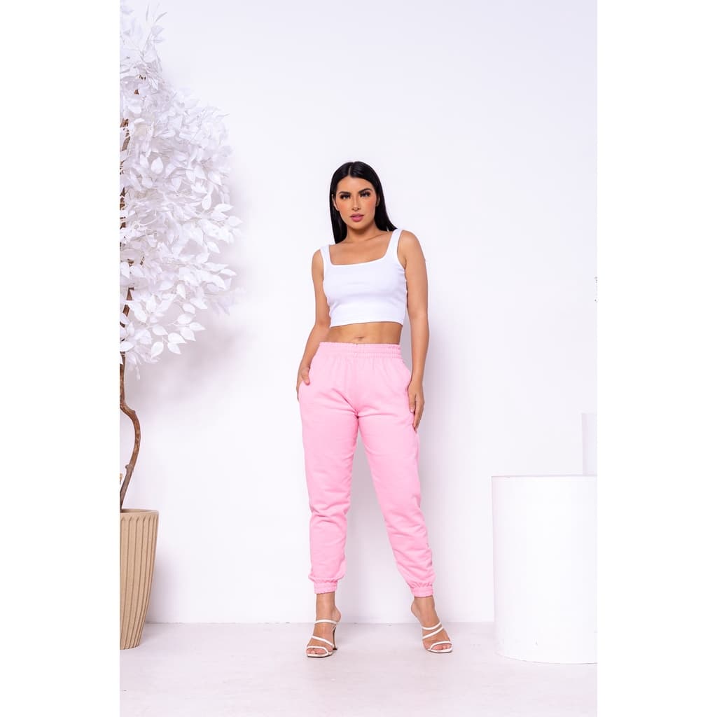 Calça Franelada de Moletom Com Bolso Cintura Alta Skiny