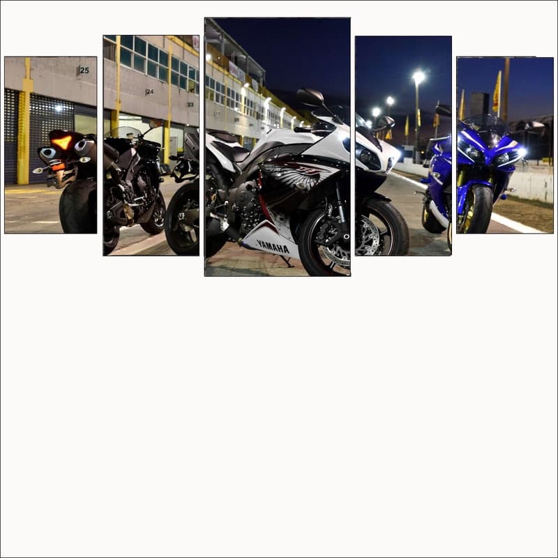 kit Quadro Painel Decorativo Mosaico 5 Peças Para Quarto Sala Motos de Corrida R1 128x60 Promoção