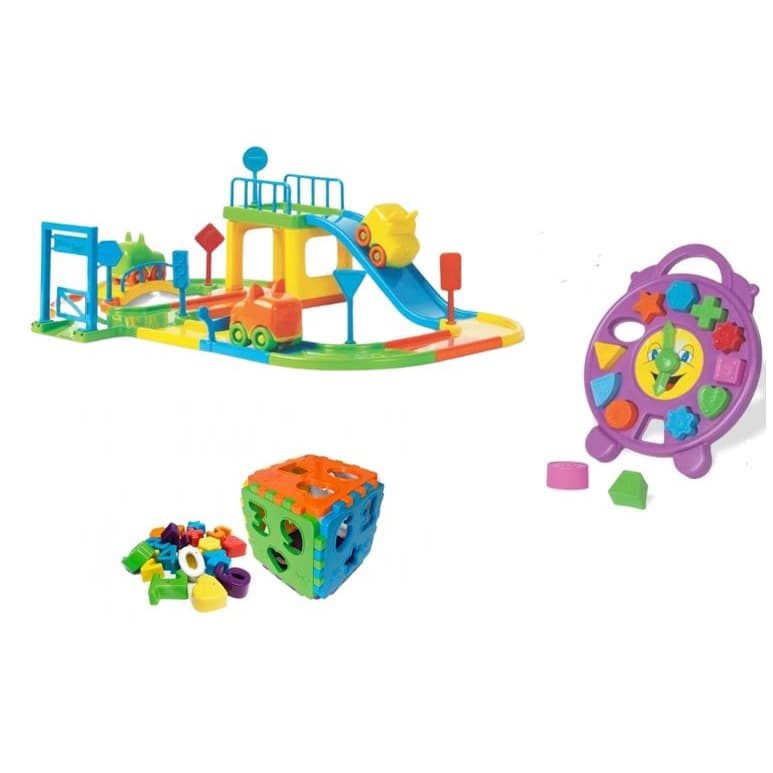Kit Educativo Pista Baby + Relógio Educativo + Cubo de Encaixar / Cubo Didático / Brinquedos Educativos / Formas, letras, números e sinais