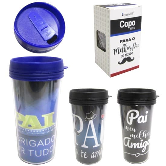 COPO COM TAMPA DE ACRILICO FRASES PAI SORTIDAS 450ML