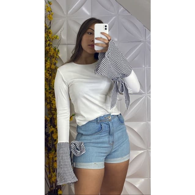 Blusa manga longo xadrez com amarra tem elástico nova primavera e outono2251