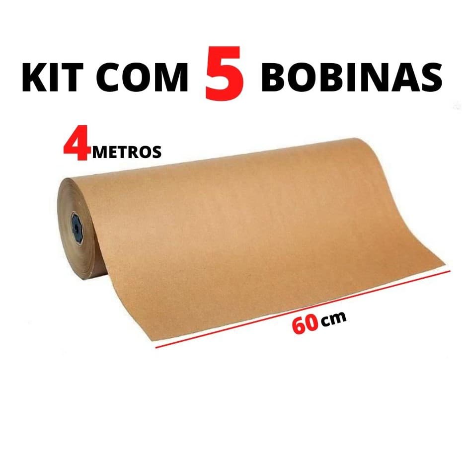Papel Pardo Kraft 60cm x 4,00m Metros Monolúcido  para  Embalagem  Envio e Postagem Pacote Embrulho KIT C/ 5 BOBINAS