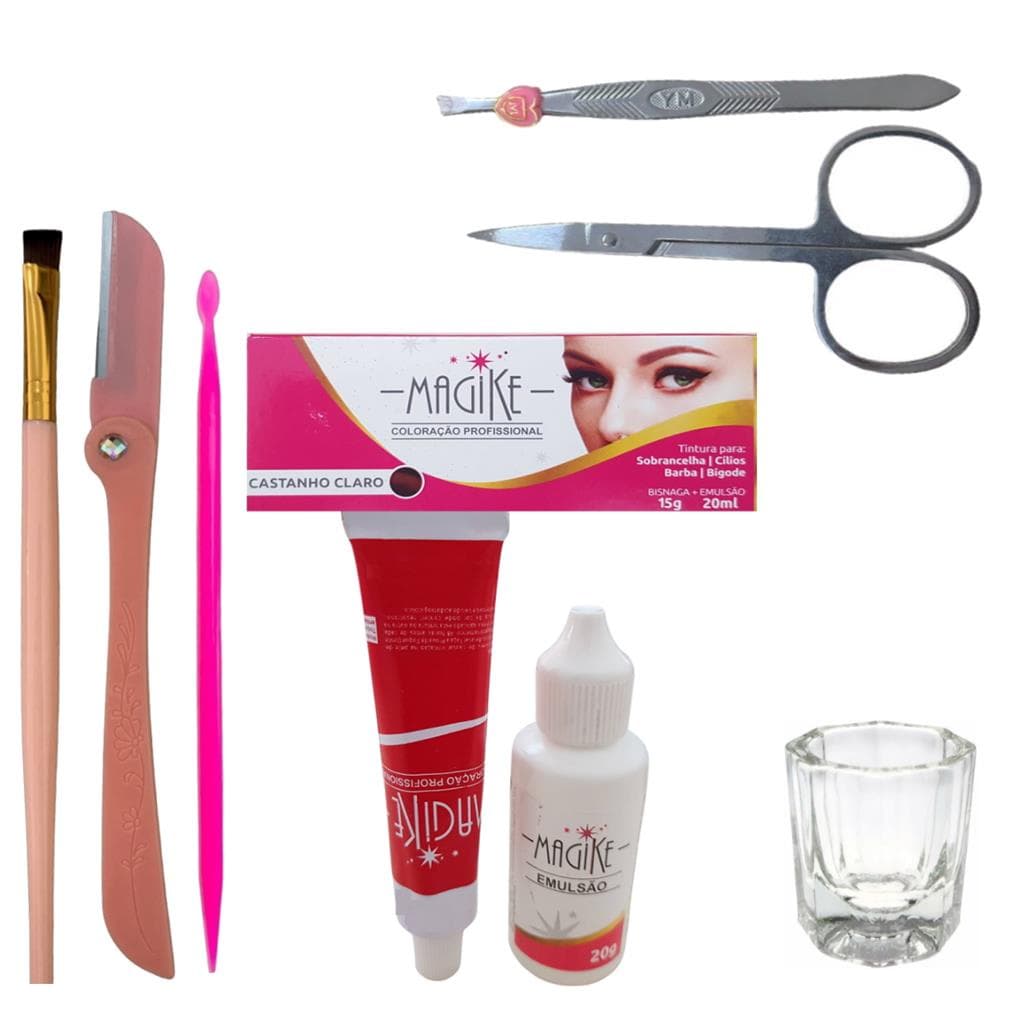 Kit Para Sobrancelha Tinta Magike E Emulsao com Pinca Pincel Navalha Tesoura Palito Dosador e Dappen