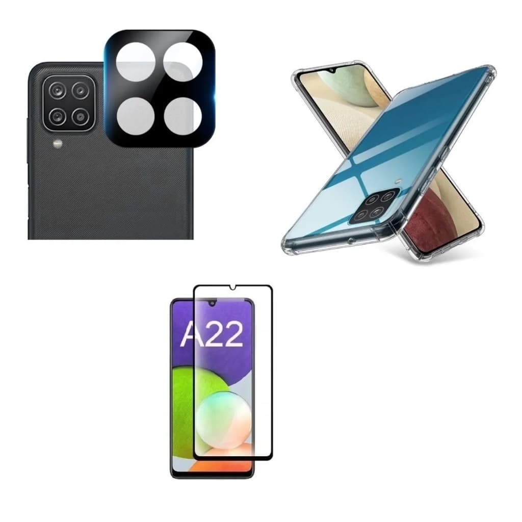 Kit Película De Vidro 3D Samsung Galaxy A22 + Capa  Capinha Anti Shock+Pelicula  De Camera 3D LE