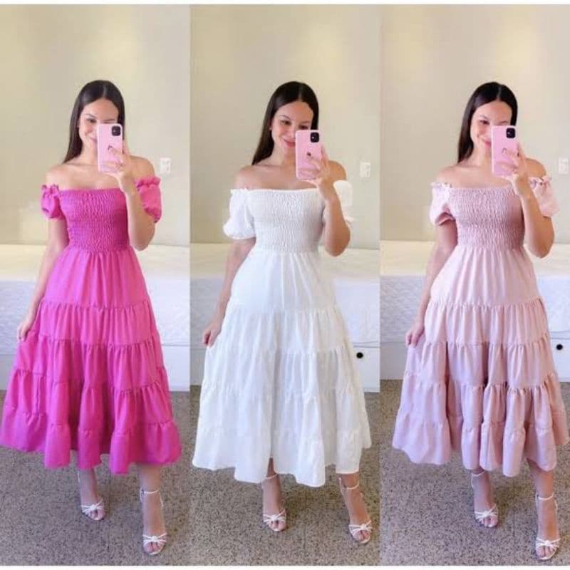 Vestido Ciganinha Longo Ombro a Ombro Lastex Moda Evangélica