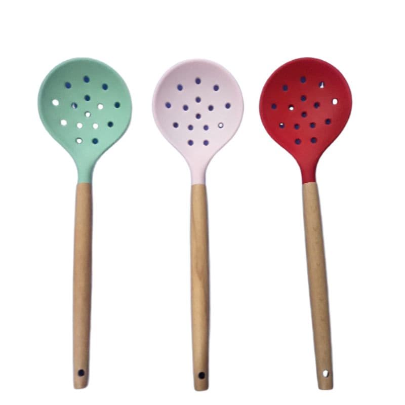 Escumadeira De Silicone Utensílios De Cozinha Antiaderente Cabo De Madeira Culinária Confeitaria