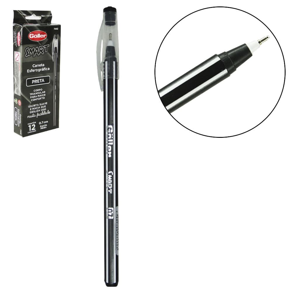 Conjunto Com 12 Canetas Esferografica Preta Escrita Media Smart