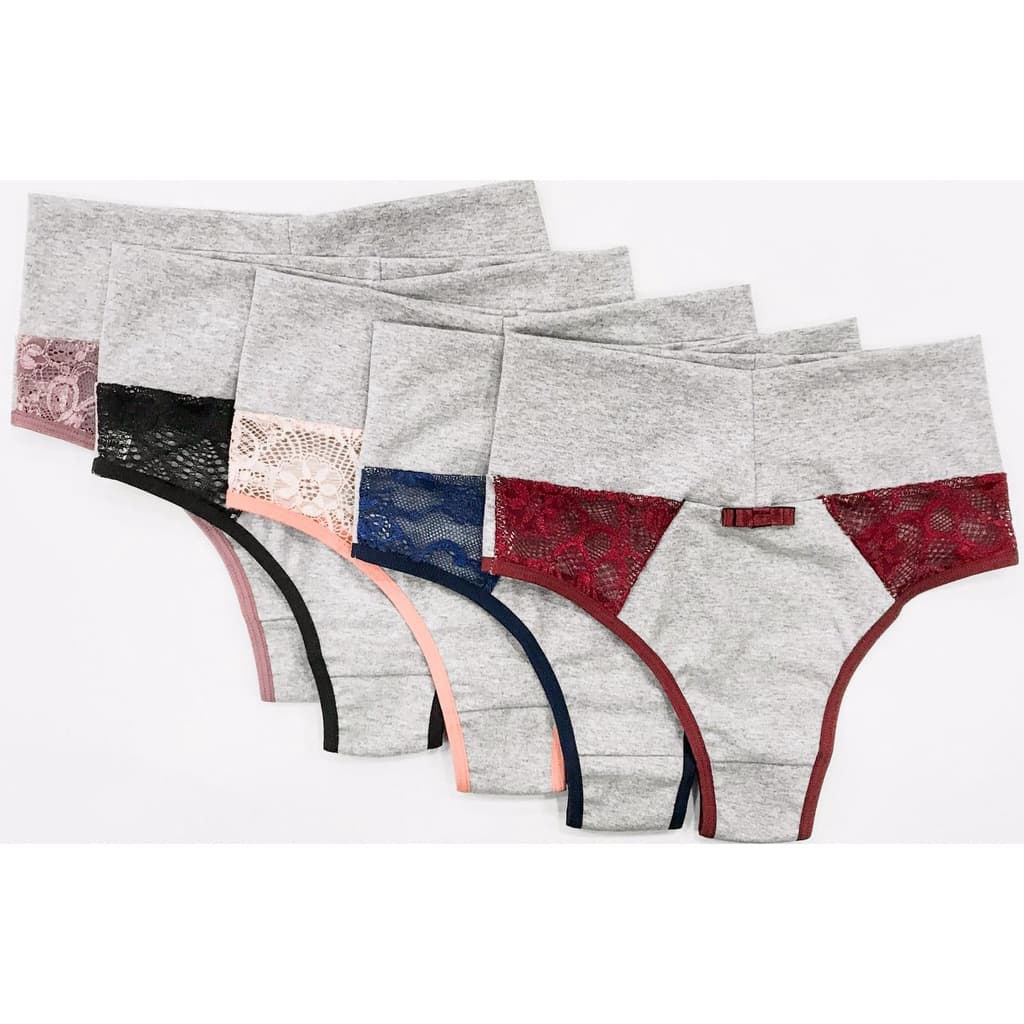 Kit 5 Calcinhas Cintura Alta Cós Alto em Algodão e Renda Feminina Conforto Laterais Largas