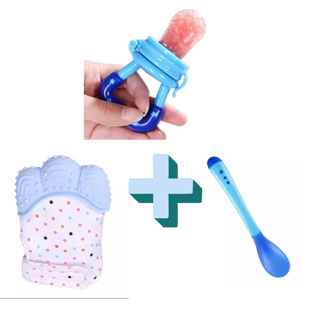 chupeta de silicone, luva mordedora e colher termo sensível na cor azul