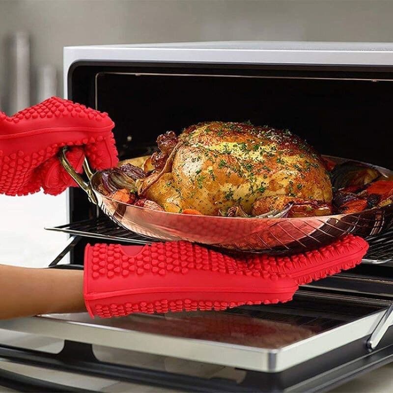 Kit Par de Luvas Termicas Luva De Cozinha Forno Fogão Silicone 5 Dedos Lavável até 230 Graus PREMIUM
