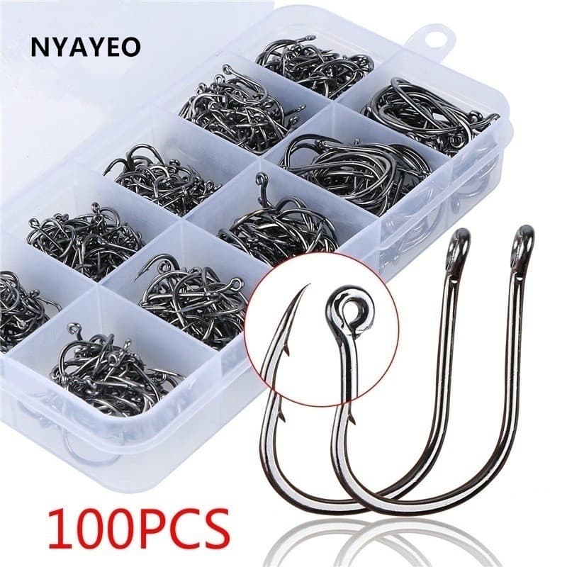 100 Pçs/Caixa Cascos De Aço Carbono Isca De Peixe Jig Pesca Círculo Acessórios Da Carpa Equipamentos De Engrenagem Face Com Perfurado