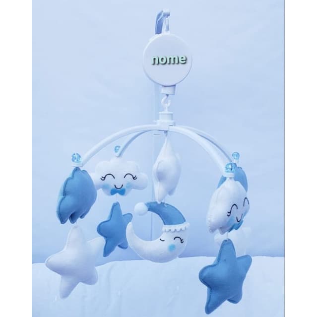 Móbile Musical Giratório Chuva de Amor Azul Bebê, Lua Dorminhoca, Berço Brinquedo