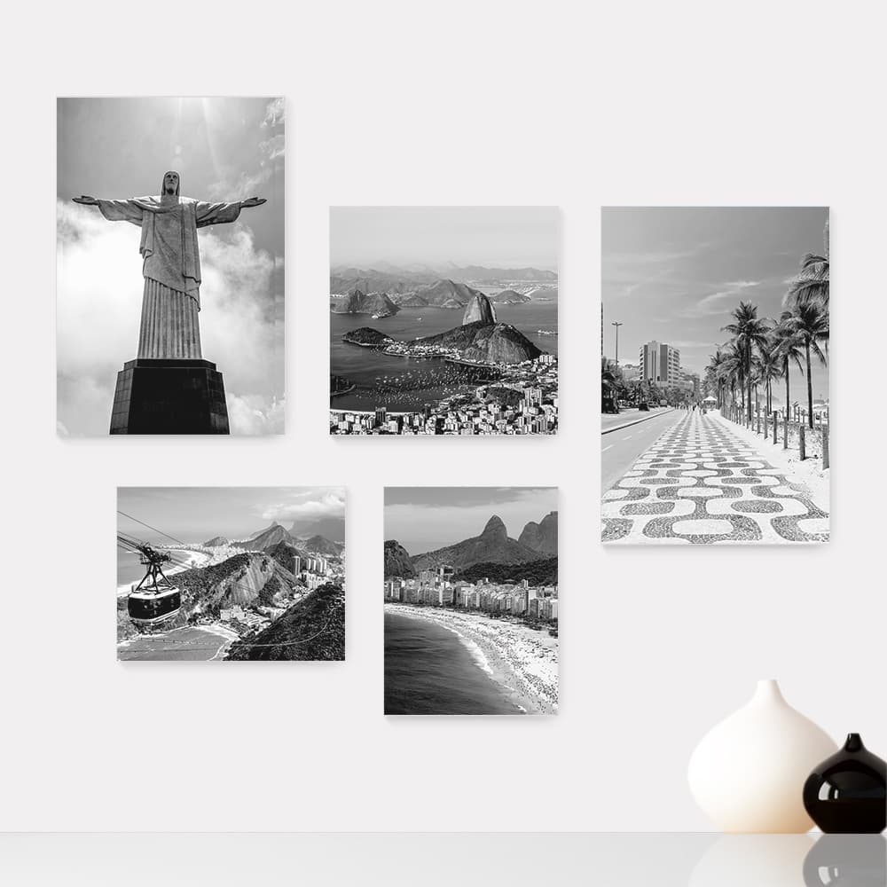 Kit 5 Quadros Decorativos Placas - Rio de Janeiro Cristo Corcovado Viagem Preto e Branco Mundo Casa Quarto Sala- 359ktpl5