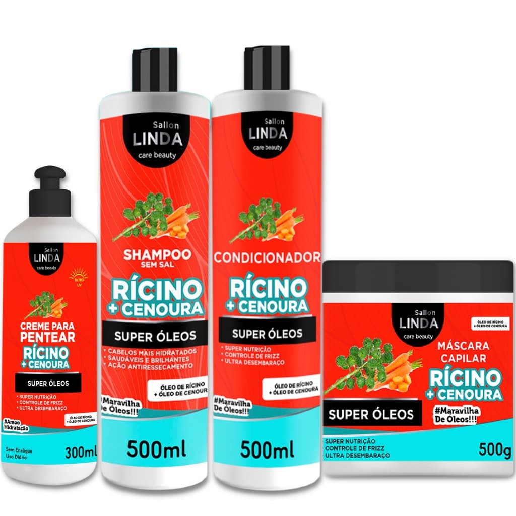 Kit Capilar Rícino + Cenoura Shampoo e Condicionador + Mascara + Creme