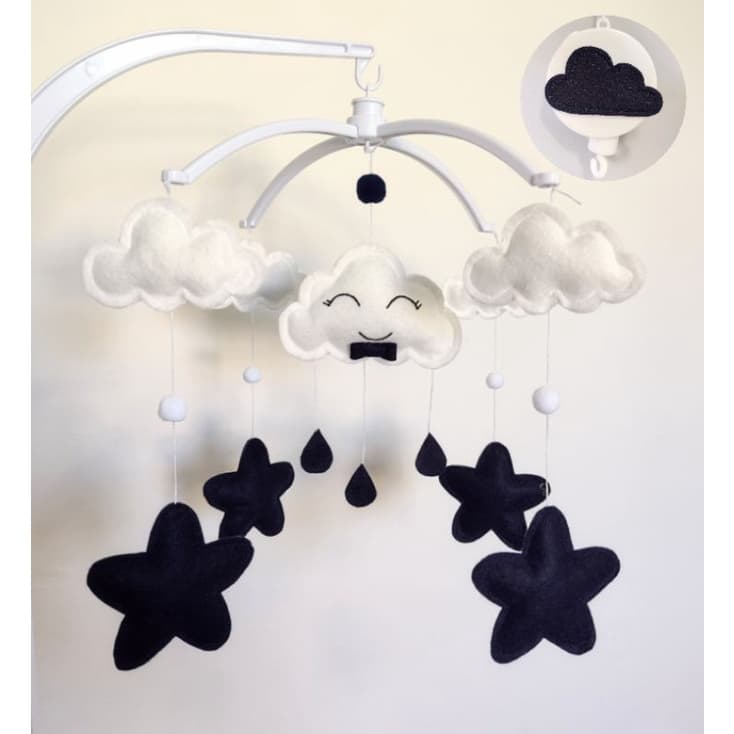 Móbile Músical e Giratório Para Berço Nuvem Chuva De Amor Azul Marinho