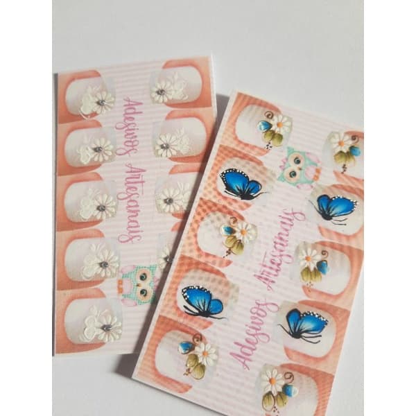 100 adesivos artesanais para unhas com modelos e cores sortidos 10 cartelas com 5 pares cada