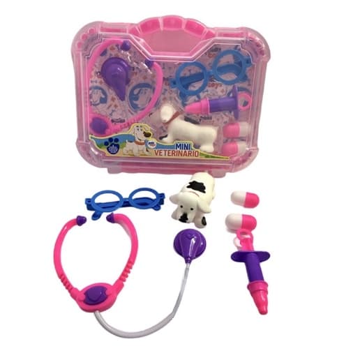Maleta Kit Veterinario de Brinquedo Rosa Educativo cachorrinho vet 6 itens