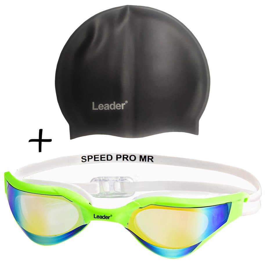 Óculos Natação Pro Speed Espelhado E Touca Preta Leader