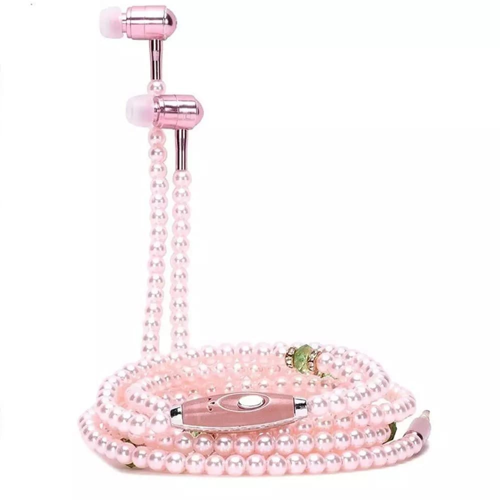 Colar De Pérolas Fone De Ouvido Intra-Auricular 3,5mm Jóias Com Contas Rosa Rhinestone Fones Microfone Para Menina Brithday