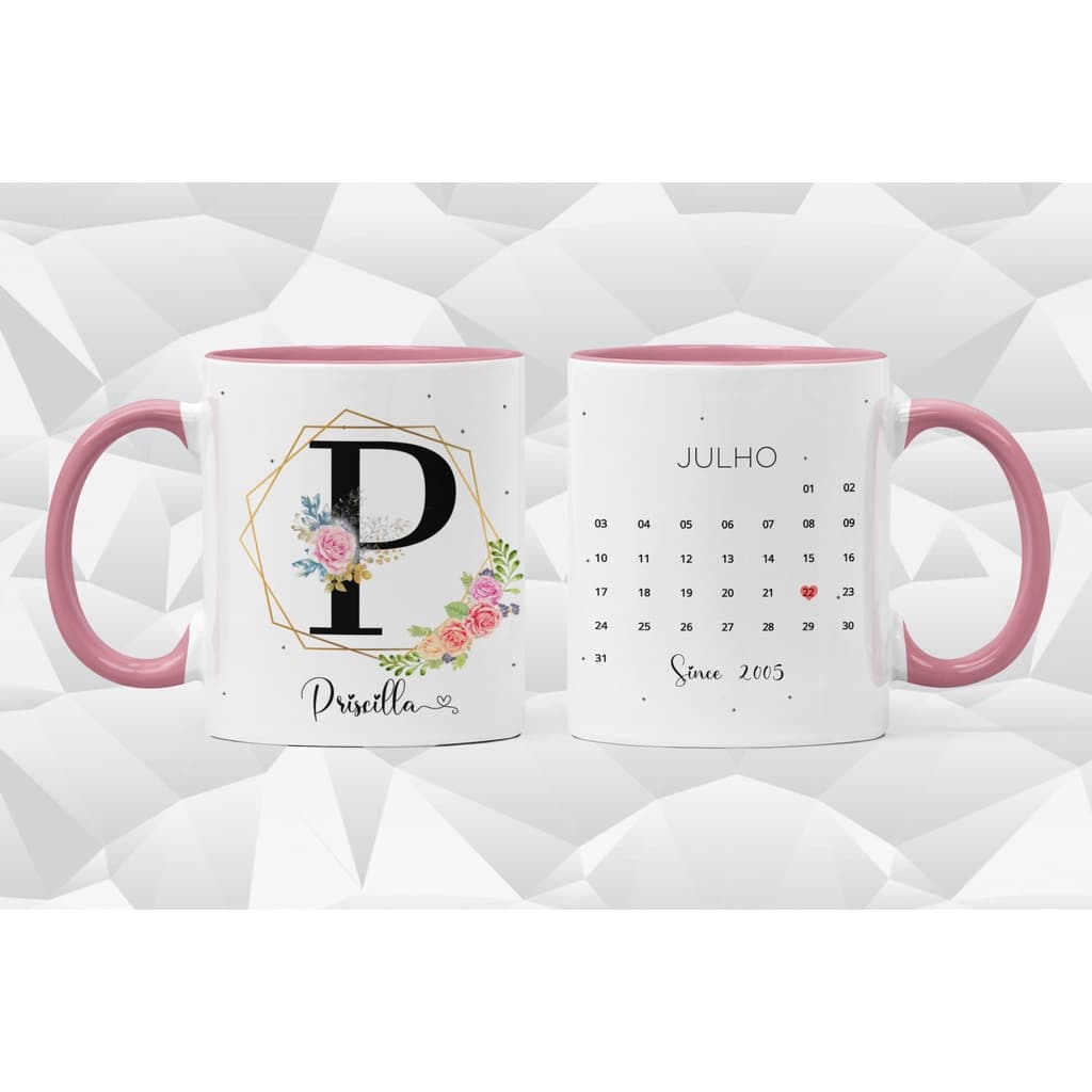 Caneca personalizada flora inicial e data, caneca personalizada colorida, caneca personalizada seu nome