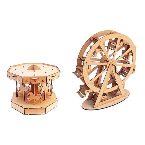 Kit 1 Carrossel 20 cm e 1 Roda Gigante 3d 35 cm mdf cru decoração centro mesa festa parque circo