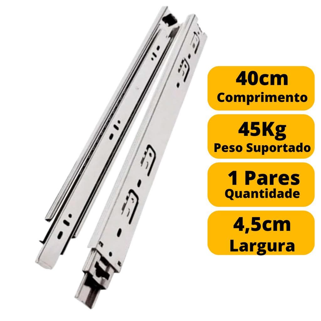 Corrediça Telescópica Para Gaveta Reforçada 40cm 1 Par 45 Kg