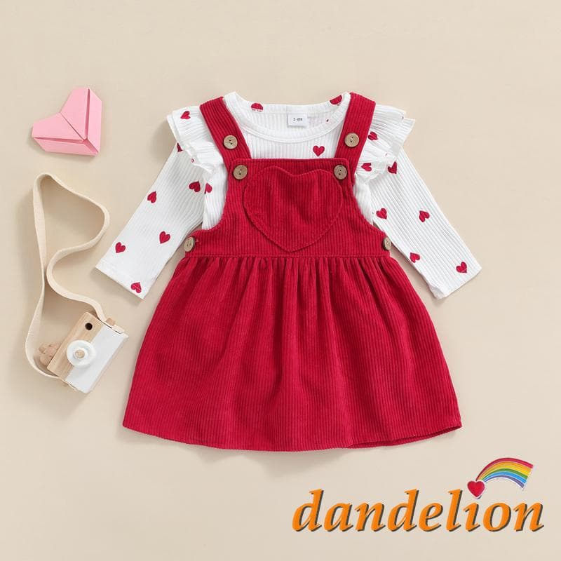 DANDELION-Macacão De Manga Comprida Com Estampa De Coração + Saia Suspensório Para Bebês/Meninas ,conjunto de roupas para o Dia dos Namorados