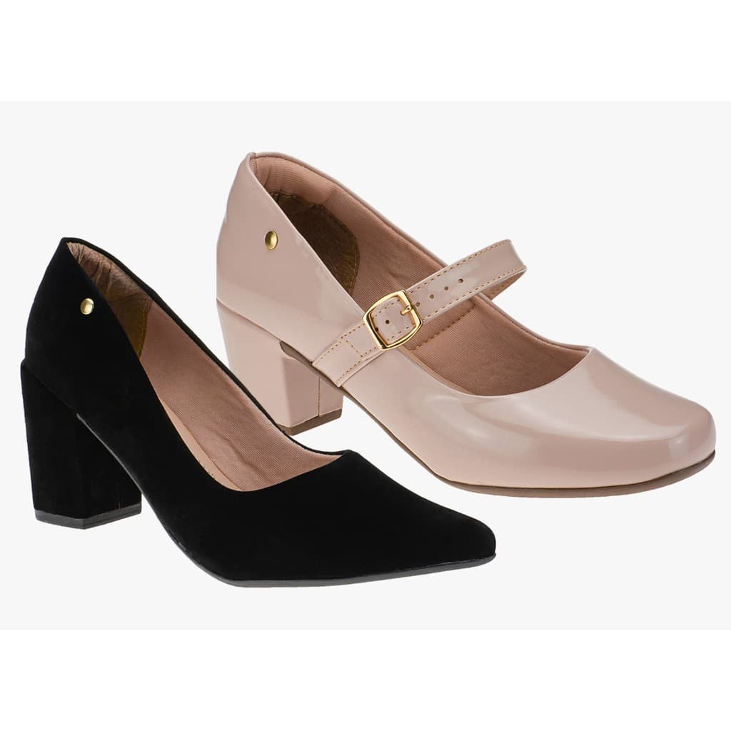 Kit Dois Pares Sapatos Feminino Boneca Scarpin Fechado Bico Fino Moda Confort Mezikin