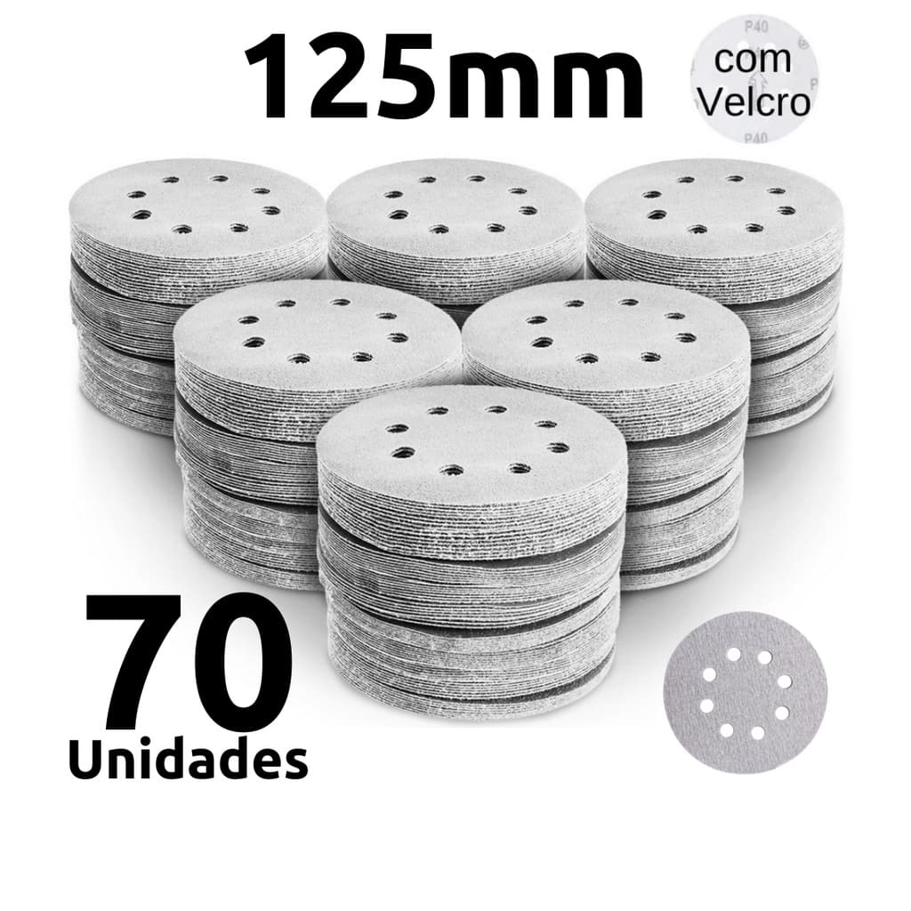 70x Disco De Lixa 8 Furos Com Velcro 125mm Para Lixadeira Roto Orbital - Vários Grãos Disponíveis