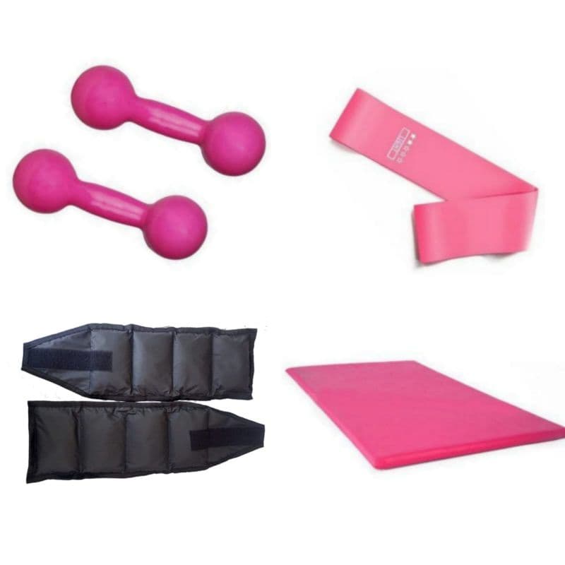 Projeto Verão Treino Aeróbico Par Halter Rosa 2 Kg + Par Caneleira 3 Kg + Colchonete + Elástico