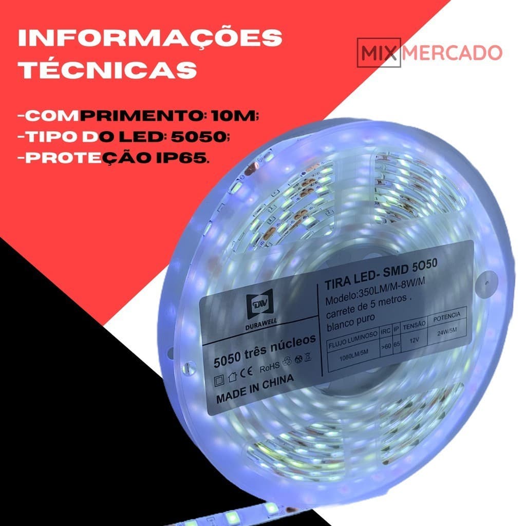 Kit Fita Luz Led Branco Frio 5050 10 Metros + Fonte Alimentação