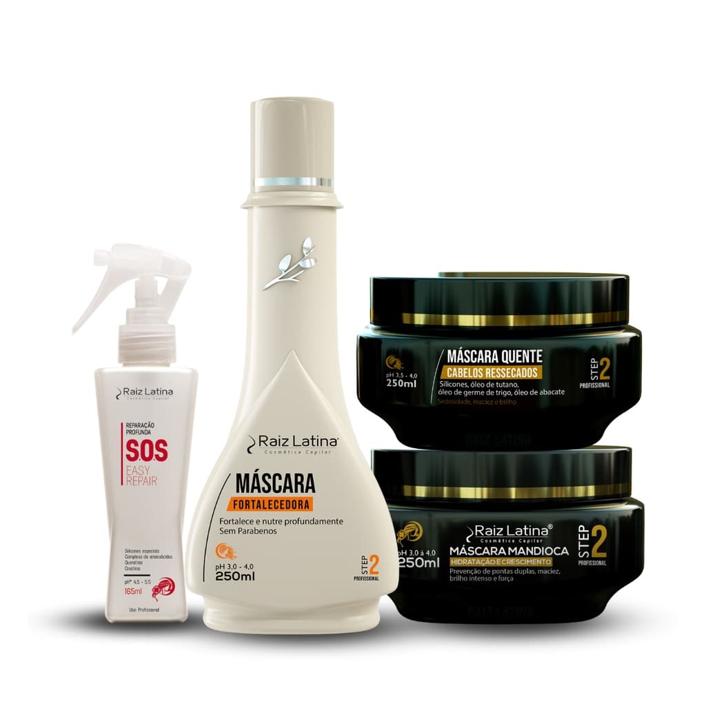 Kit Cronograma capilar SOS + máscara quente máscara mandioca e máscara fortalecedora  250ml Raiz Latina Hidratação Nutrição