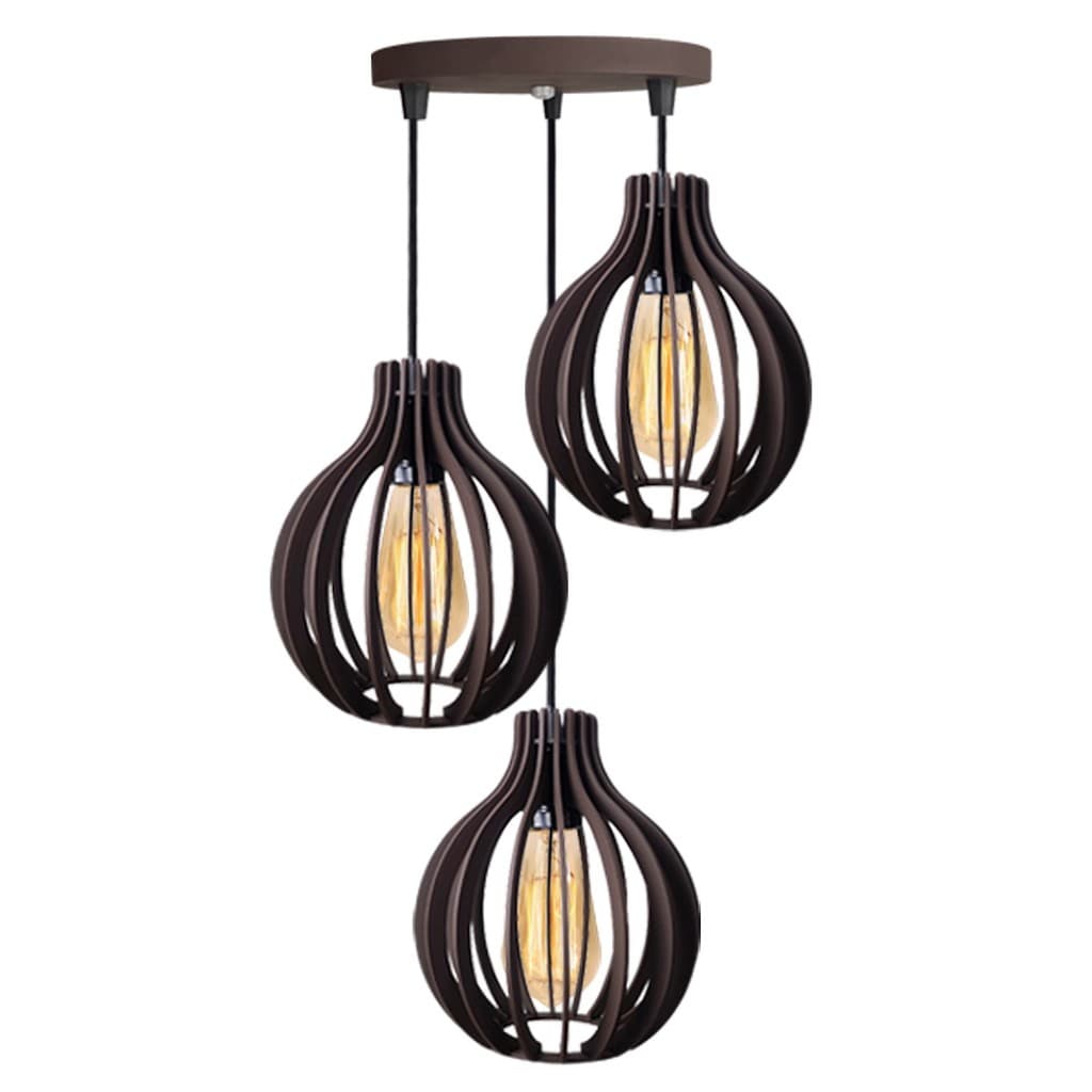 Luminária Lustre Pendente Madeira Trio Marrom Com Regulagem