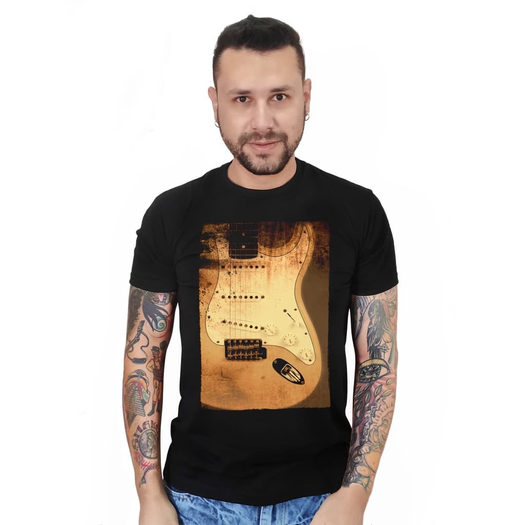 Camiseta Camisa Masculina Preta Algodão Manga Curta Guitarra Vintage