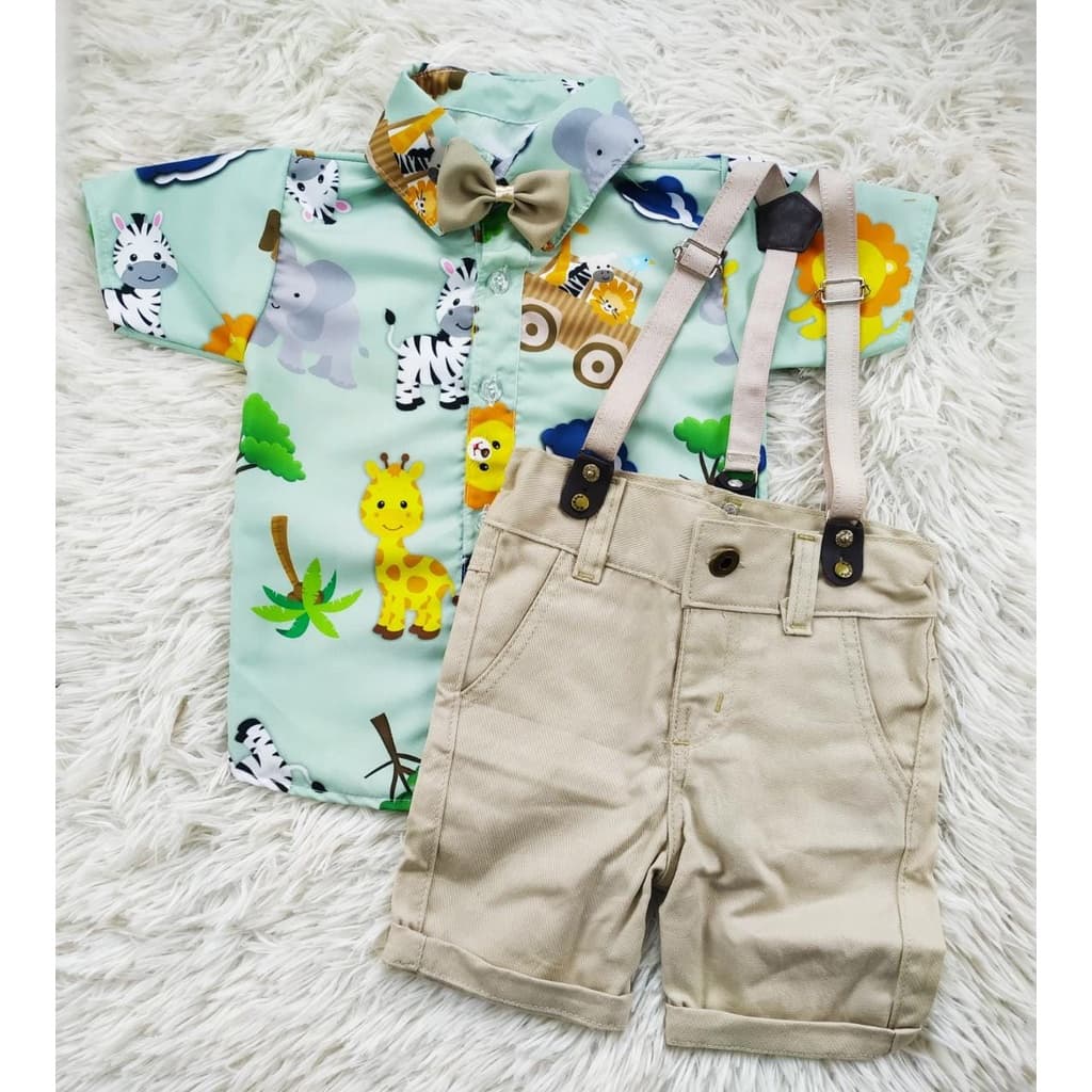 CONJUNTO SAFARI BABY roupa tema de suspensorio infantil menino Camisa Gravata Bermuda e Suspensório
