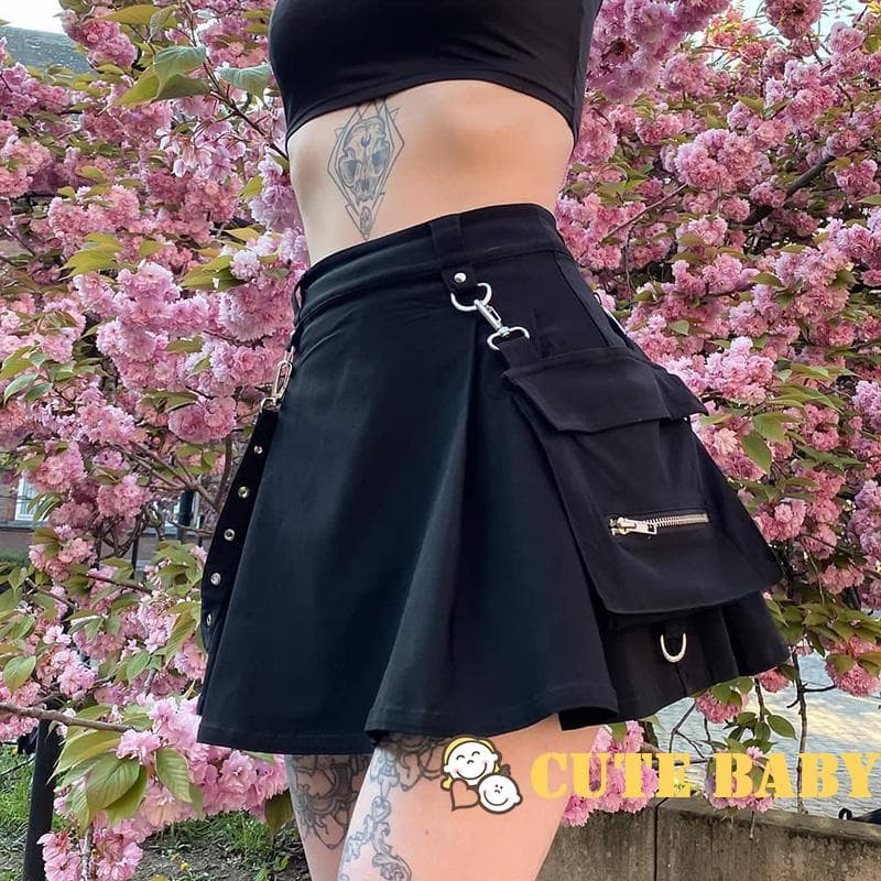 Ephemeral- Mini Saia Feminina Preta Com Cintura Alta E Bolso Estilo Gótico / Punk