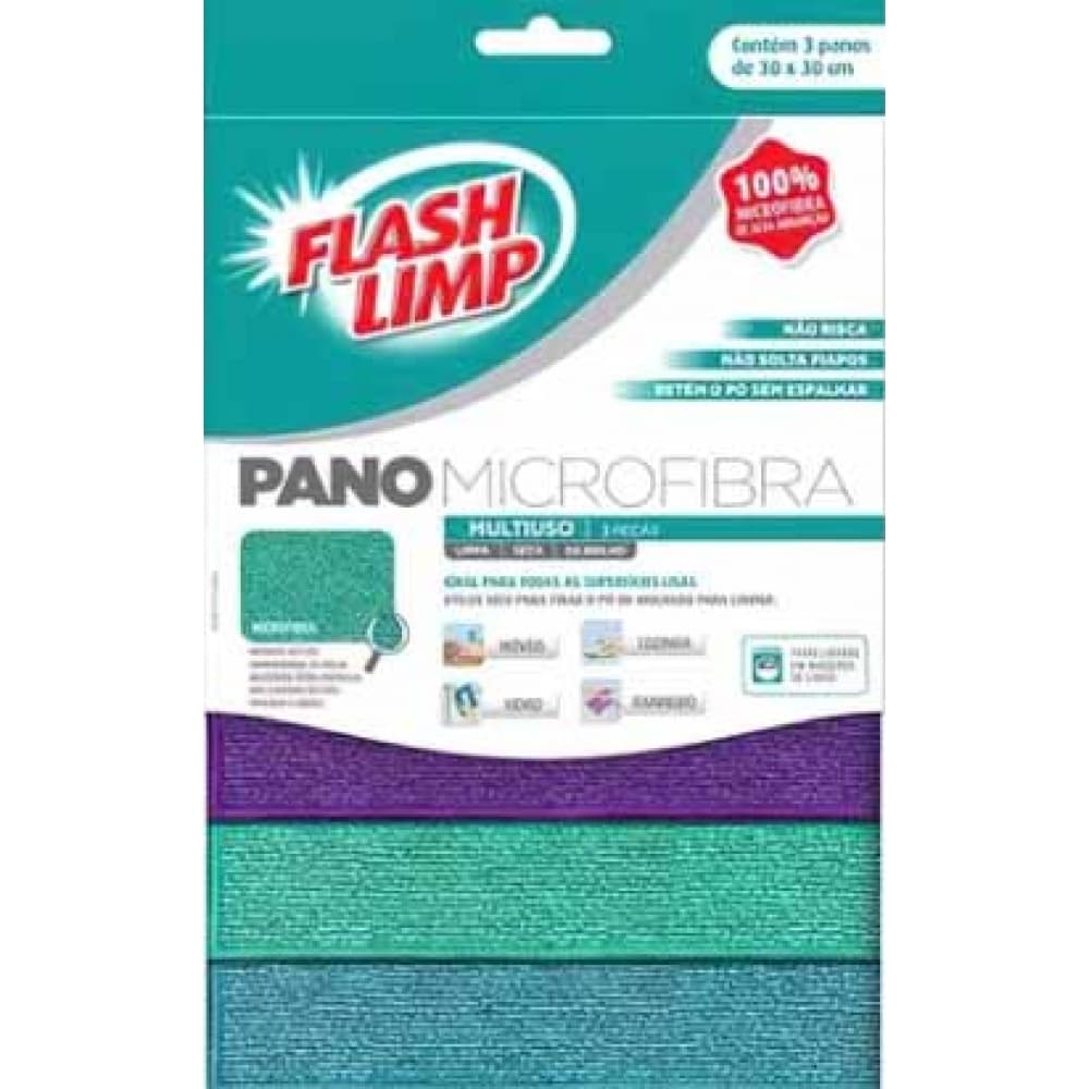 Kit 3 Panos De Limpeza Em Microfibra Multiuso Flash Limp