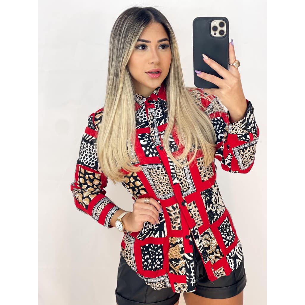 Camisa social de manga longa estampada animal print (ref.: LE257)