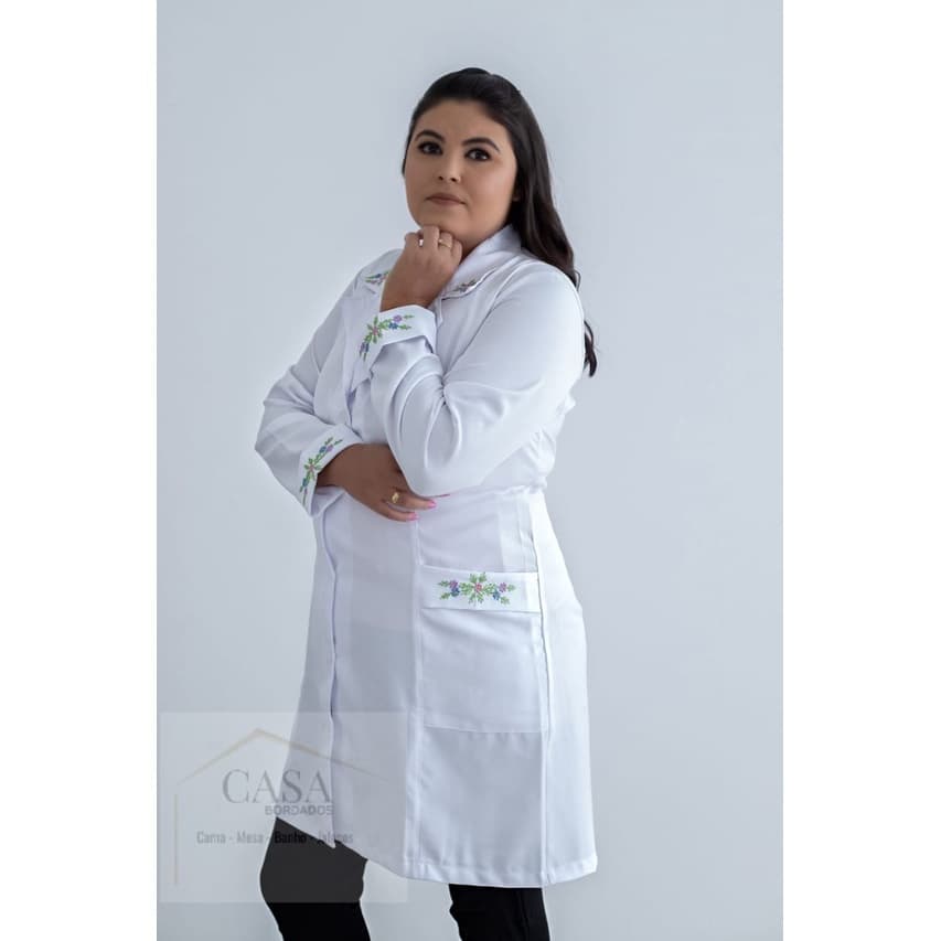 Jaleco Manga Longa Feminino Branco Bordado 976A