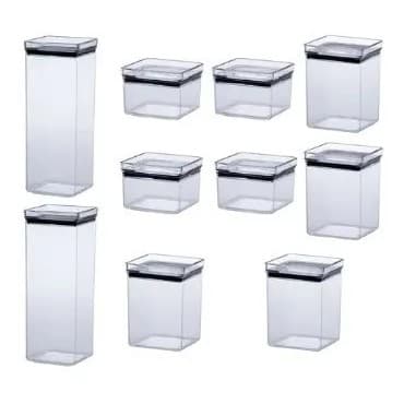Jogo De 10 Potes Quadrado Herméticos 480/1000/2200ml Empilháveis