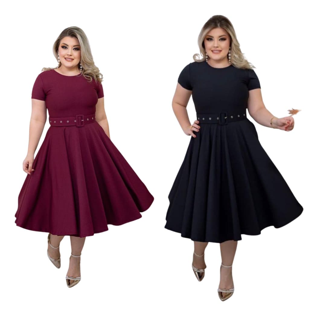 Kit 2 Vestido Midi Liso Acompanha Cinto Moda Feminina