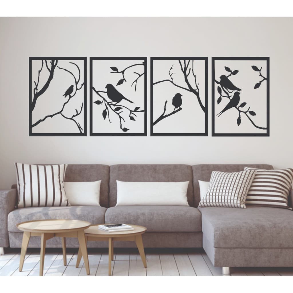 Quadros Decorativos Vazados Árvore Pássaros Madeira Preta