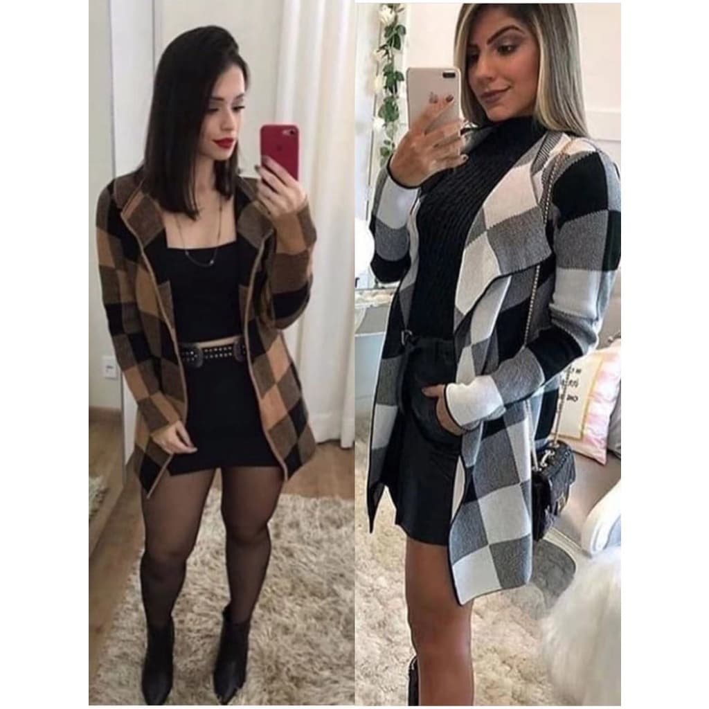 Casaco Blusa feminino Kimono De Frio Xadrez Cardigã tricô Feminina Manga Longa
