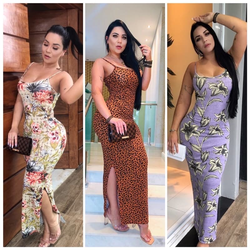 Kit 4 vestidos canelado longo midi oncinha modelo justo colado no corpo Preto vestido festa