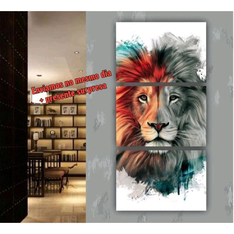 Kit 3 quadros mosaico leão Judá colorido vertical decoração sala quarto