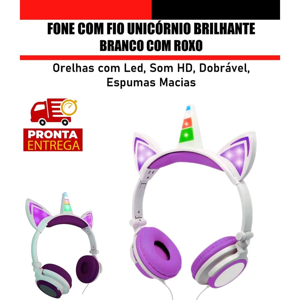Fone de Ouvido com Fio Unicórnio Orelhas Luminosas Branco com Roxo​