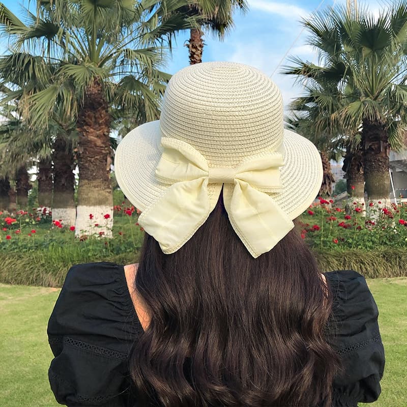 Chapéu De Sol Verão Big Black Bow Para Mulheres Praia De Palha Dobrável Panamá Visor Tie Beach